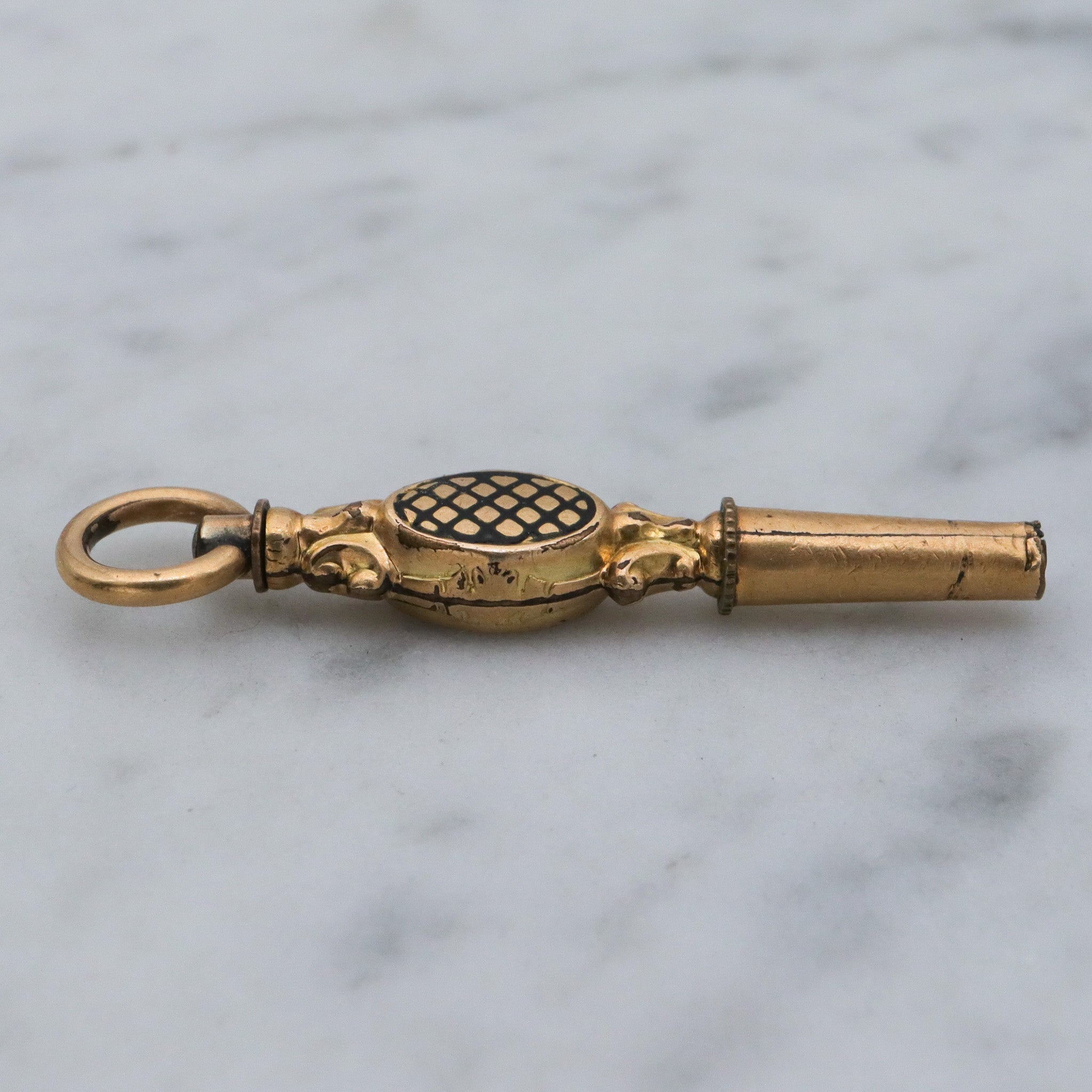 Antique Victorian gold filled black enamel watch key fob